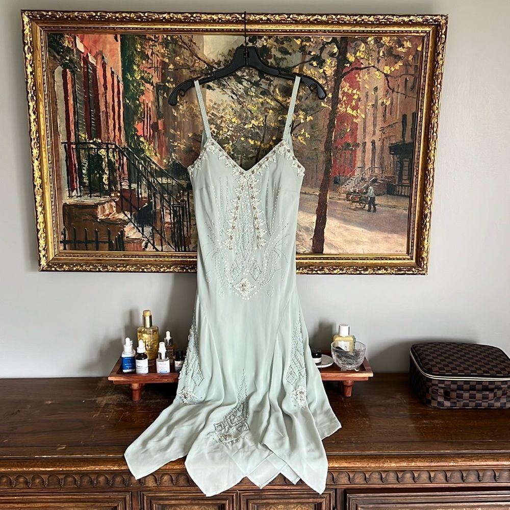 R&M Richards Pale Mint Green Beaded Slip Dress